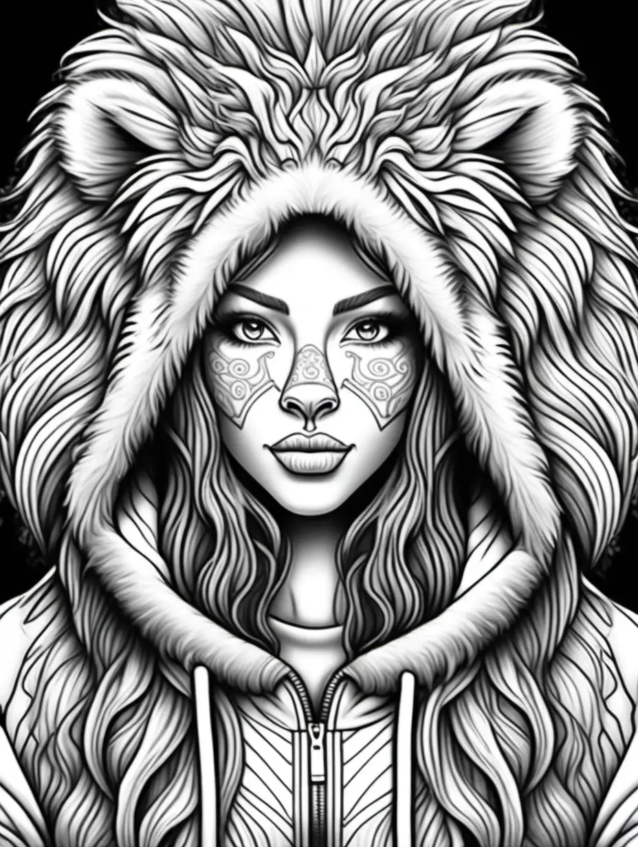 adult coloring book, black and white, best linework, high details, no color. 3D playful woman wearing a fluffy lion onesy with hood and lion ears with lion nose and whiskers painted on face.