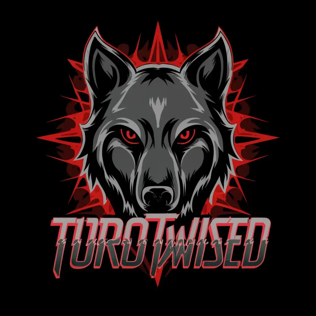 logo, Black wolf with red eyes, with the text "Turbotwisted ", typography