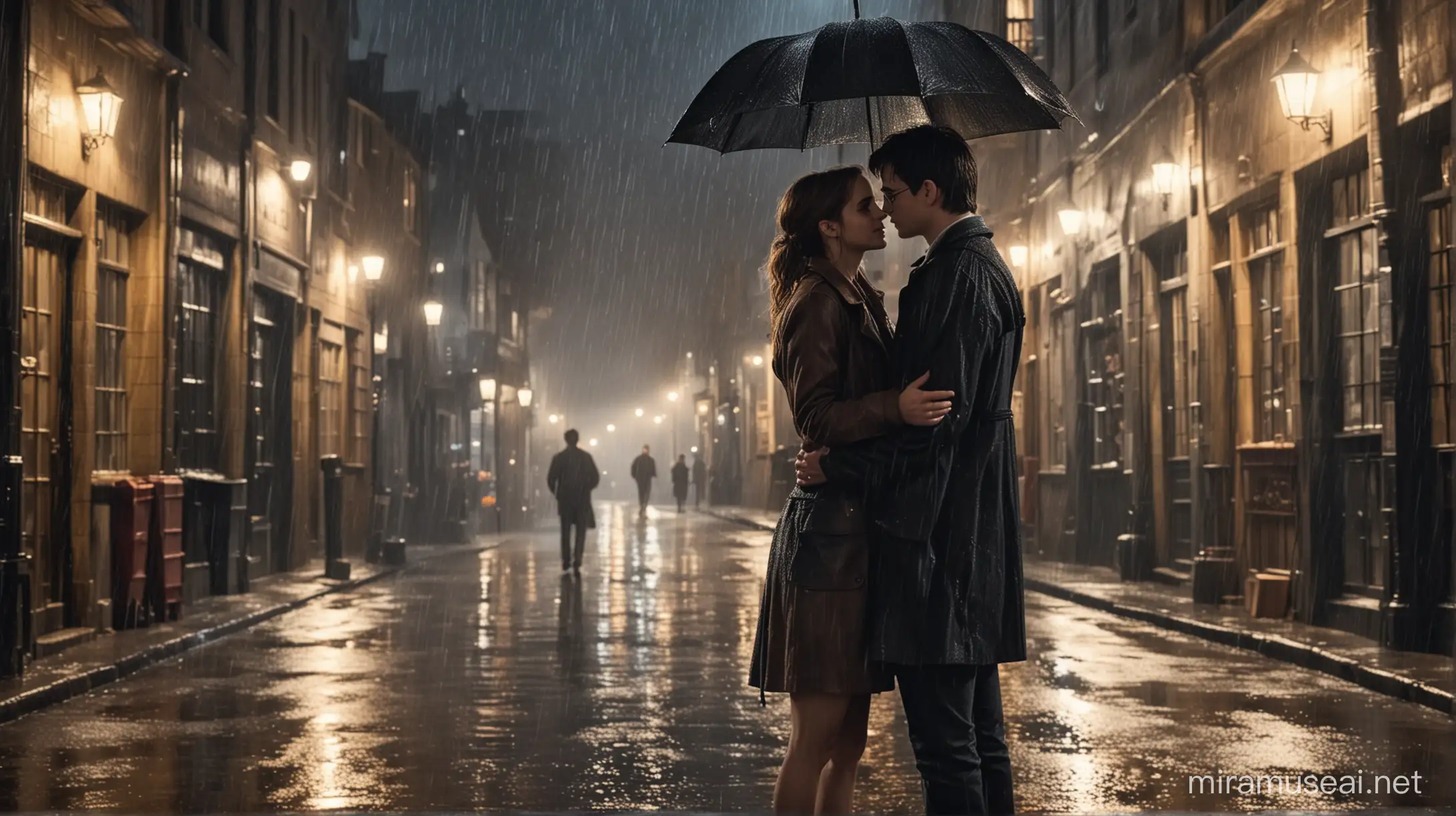 Emma Watson and Harry Potter, couple standing in the rain facing each other, romantic, urban street night setting