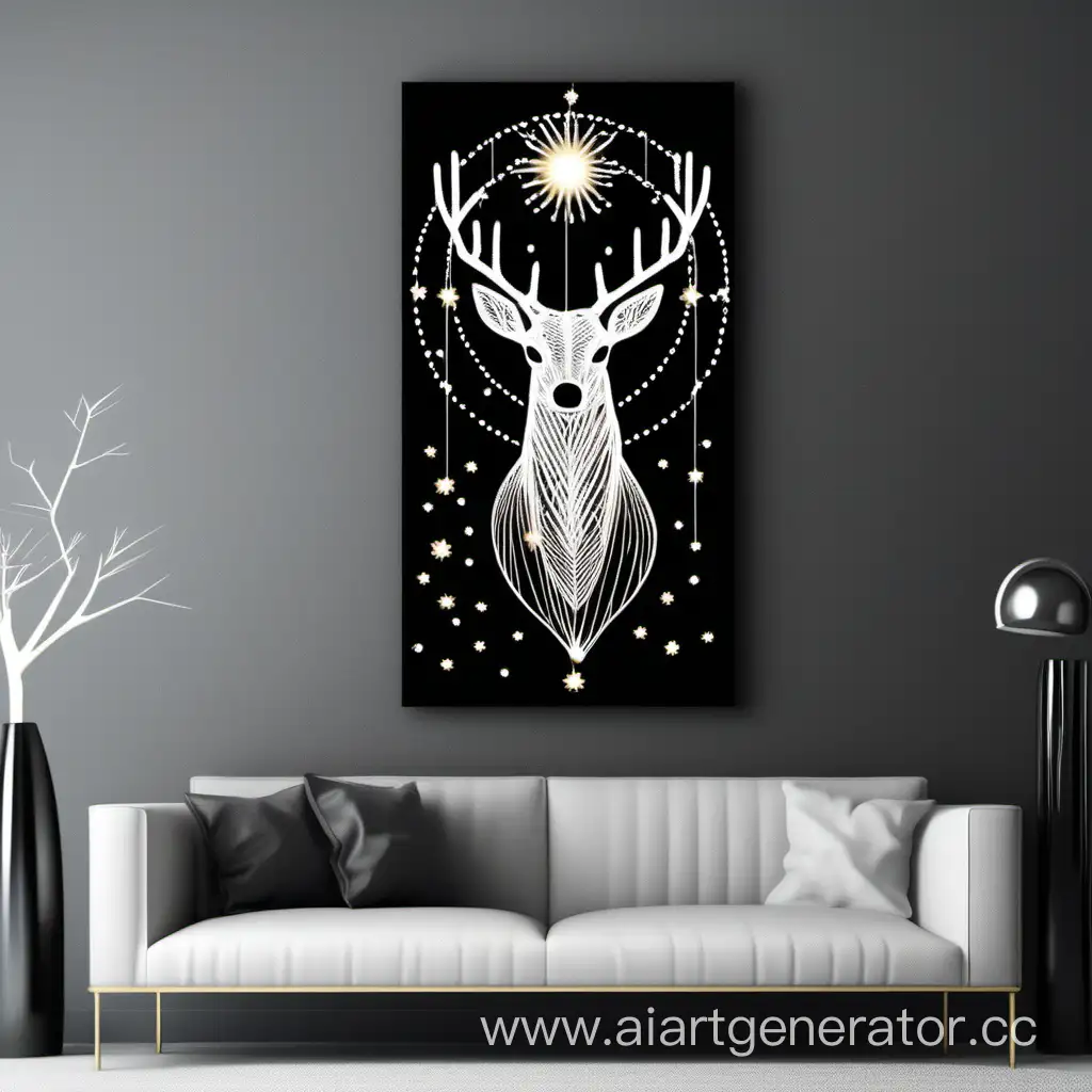 String art picture on a black background white deer sun stars, size 30 by 60 cm
