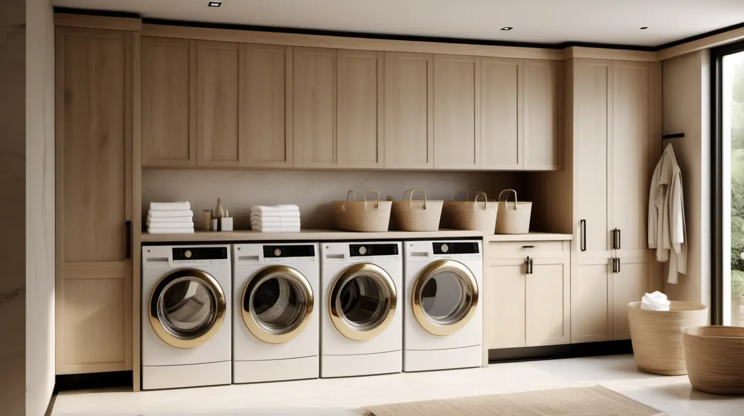 A hyperrealistic image of a classic contemporary large minimalist home laundry; Beige walls; blonde oak; limestone; black accents; brass;