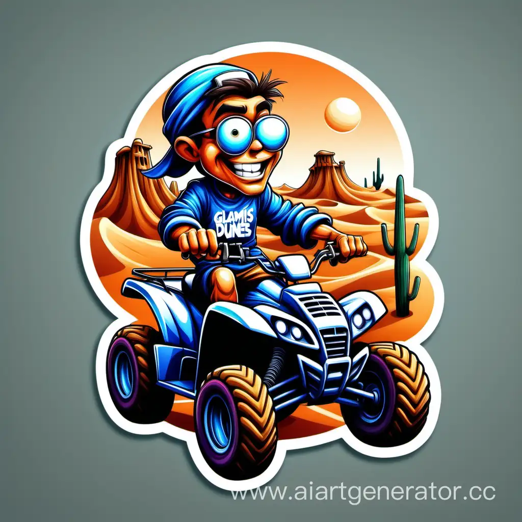 Sticker design, "Glamis Dunes" typography, funny tshirt theme of a cartoon character of a man riding an atv in the desert, white background, illustration, 3d render, graffiti, dark fantas