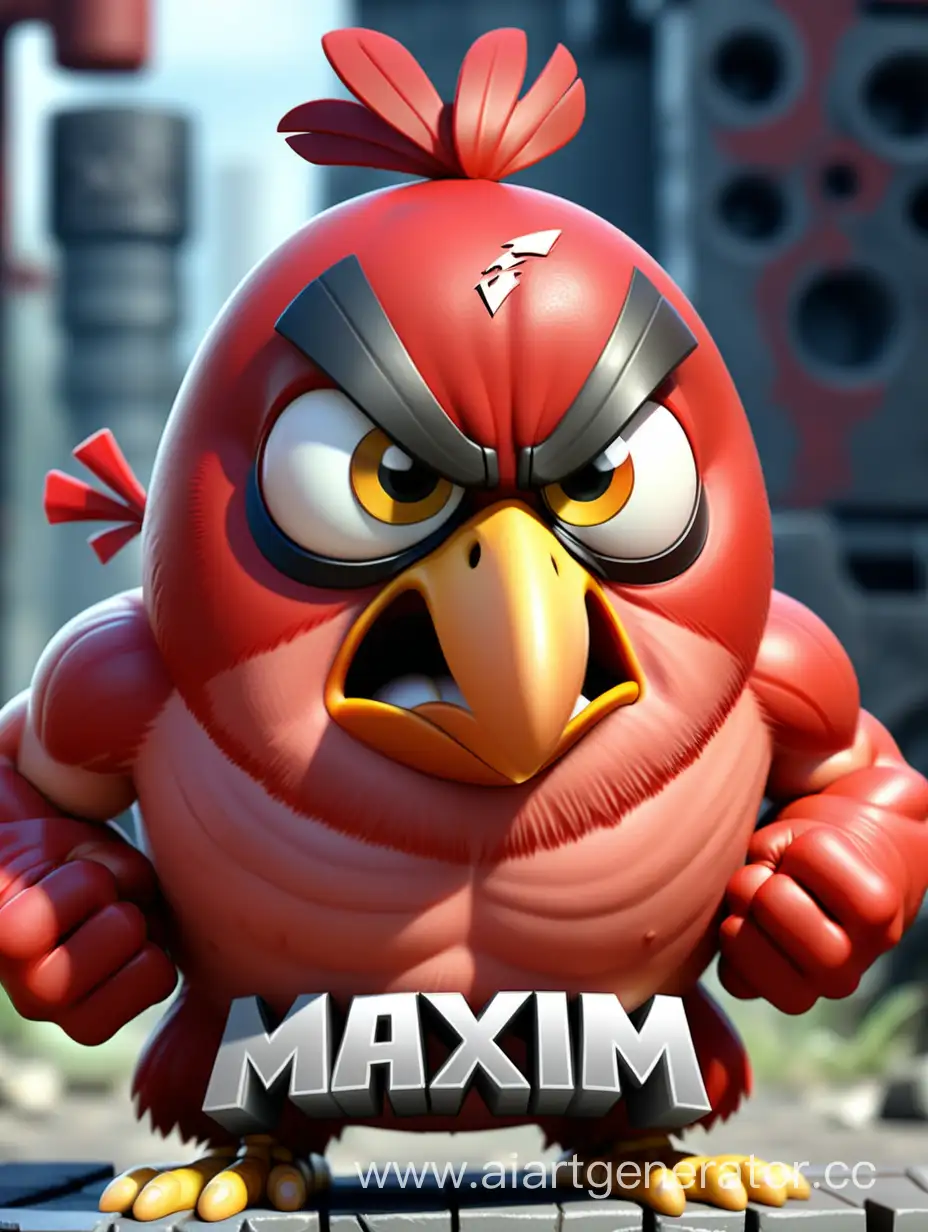 a muscular red angry bird with the inscription MAXIM