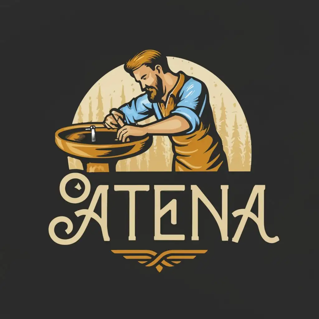 logo, a man with Beard creates a realistic logo for a realistic wash basin, with the text "ATENA", typography