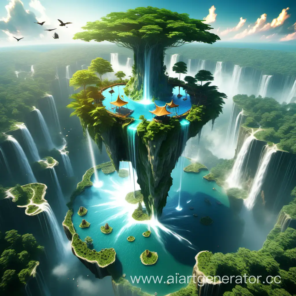 Flying island with waterfalls, forests, and mystical animals