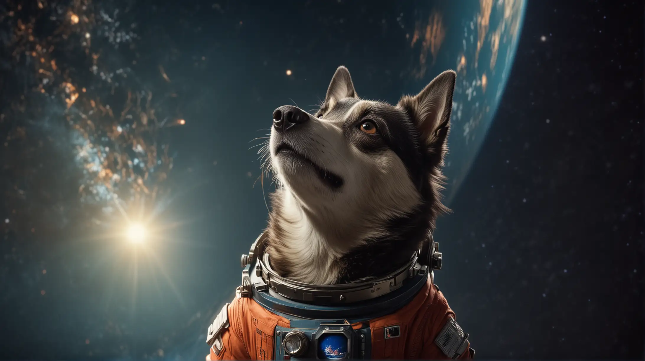 wide mastershot of laika the space female dog in space costume , looking at earth with hope
