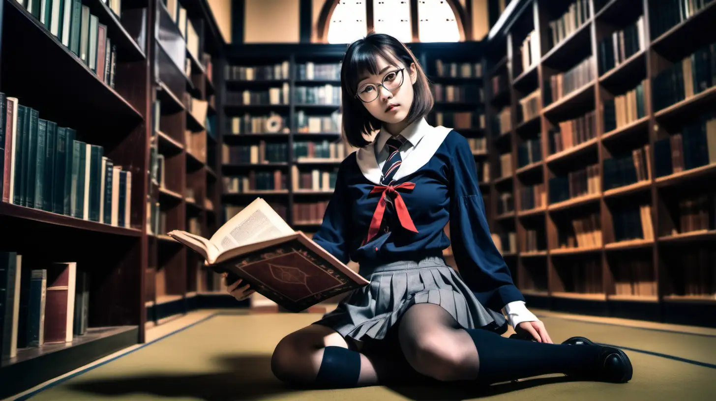 nerdy Japanese girl alone in a occult library annex, sitting with her legs up on the desk, wearing glasses, reading grimoire, short skirt, knee-highs and no shoes, low angle composition, she is sensual but self-contained 