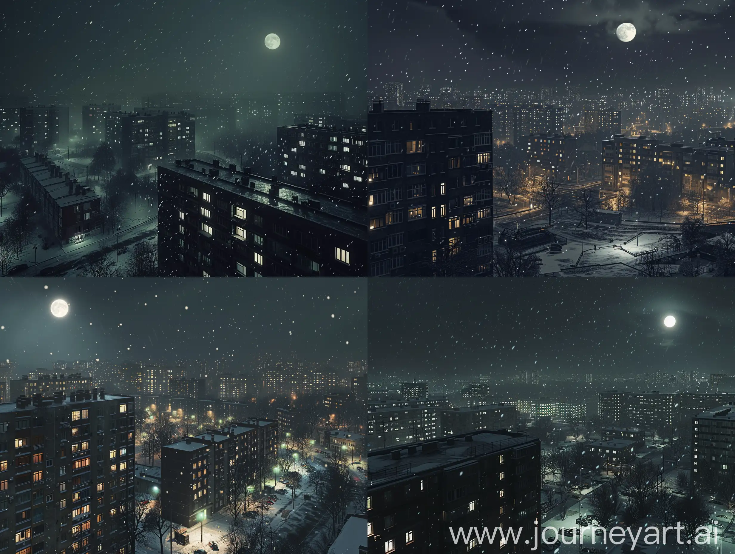 The dark moonlit night illuminates the dark city many block of flats in russia country rain snow:  the city Russia classic design, with open spaces, clean lines, and an emphasis on functionalism, showcasing the essence of block of flats in russia ." natural light, extra sharp, hyper detailed, hyper-realistic, epic, mega realizm unreal ungine 4k 