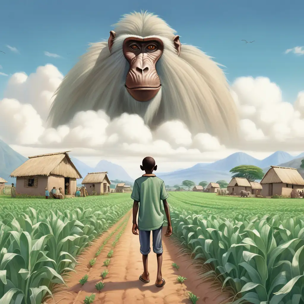 a huge baboons face in the clouds in the sky above an african village, the village has tall green maize rows and a mountain on its end. a young man walks amongst the field looking up at the sky. The overall style should be a muted, children's illustration aesthetic.