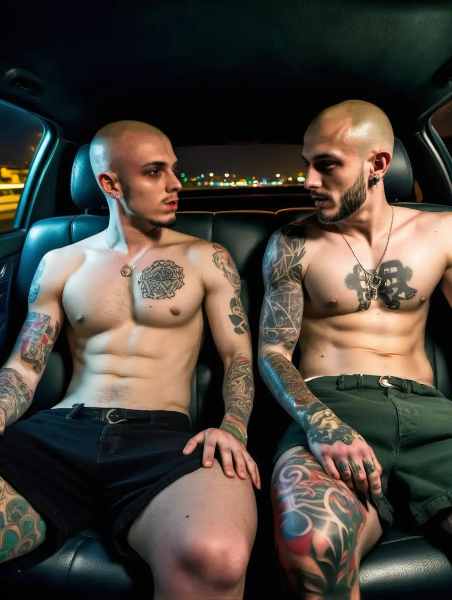 two 30 years old british fit chavs, hairy chest, shaved head, tattoos, shirtless,  looking at each other and manspreading at the back of the car at night