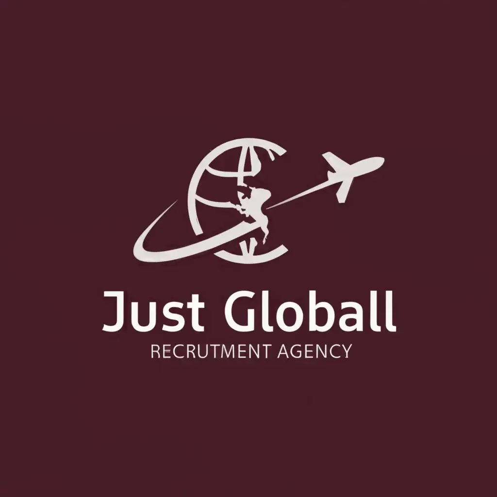 a logo design,with the text "just global recruitment agency", main symbol:Glob airplan the logo should be in burgundy color,Moderate,clear background