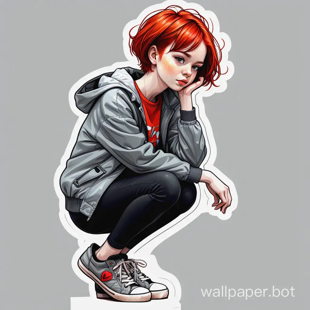 pop art picture of a girl with very short red hair, natural pose, spring clothes, full height, can sit, natural light, high detail, tenderness, love, Super Detailed Line Art, Black, Gray, Burst Fire, Sticker