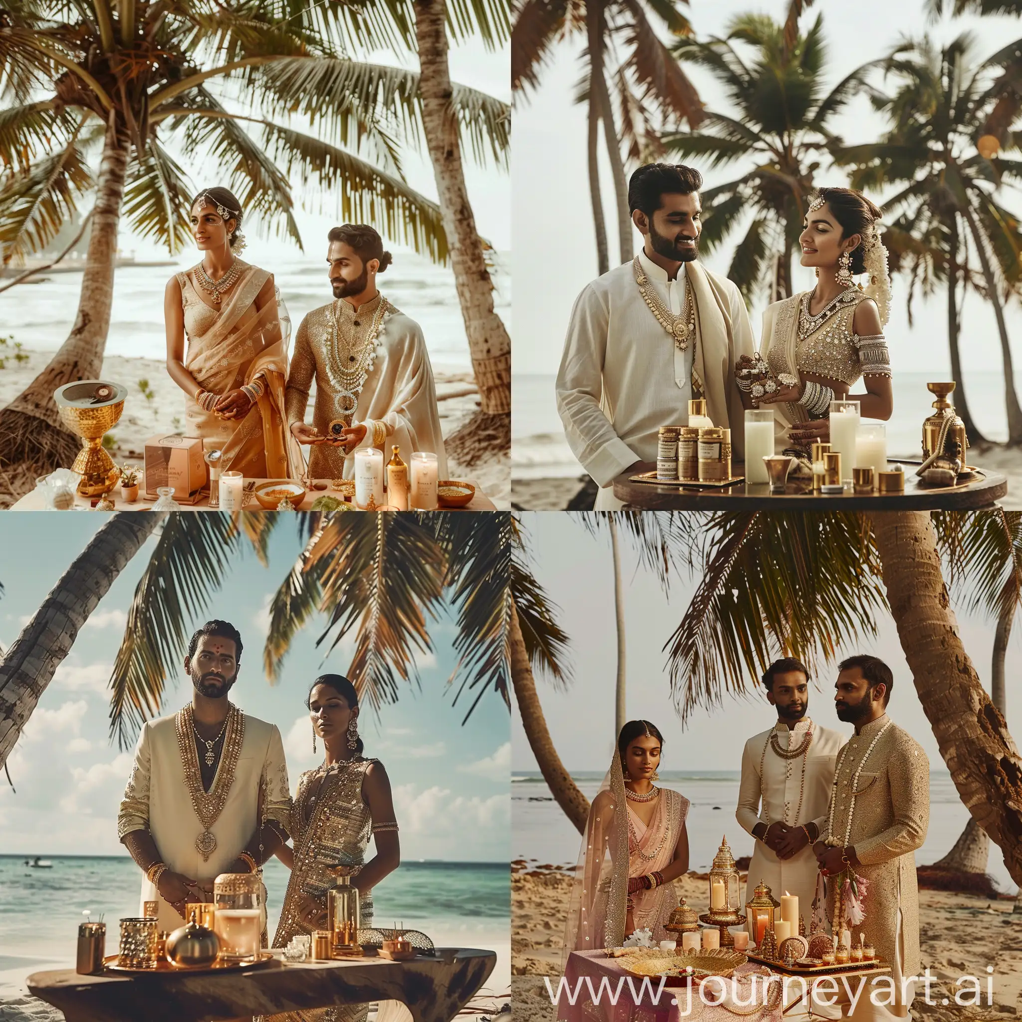 Elegant-Couple-with-Luxury-Jewelry-on-a-Tropical-Beach-Table-Setting
