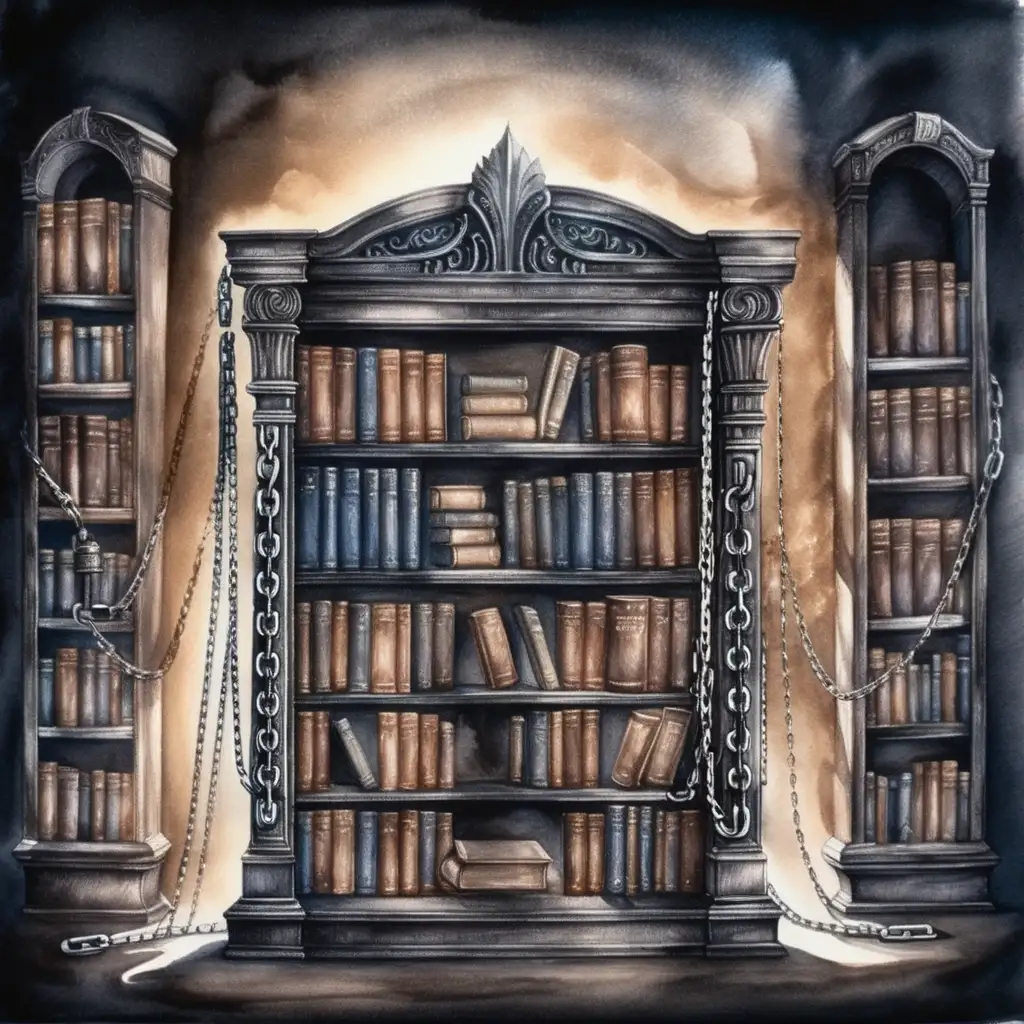 fantasy bookcase covered in chains, dark watercolor drawing, no background