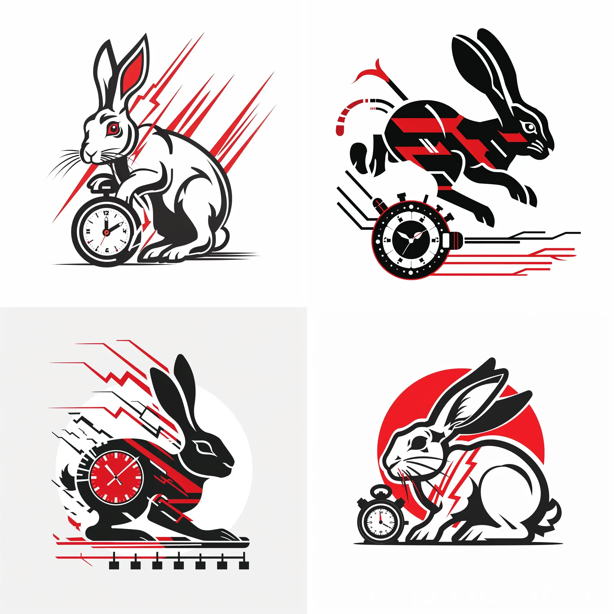 logo with electronic high voltage streamlined simplified running electronic hare with a stopwatch high voltage electricity in red black and white on a white background