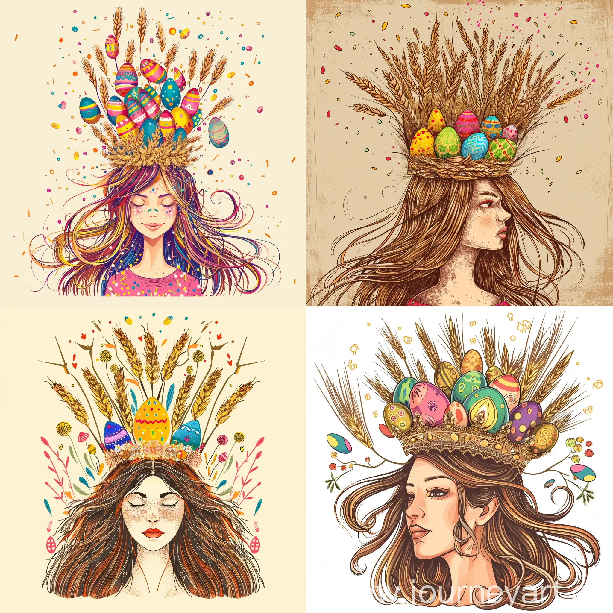 A joyful Comic illustration comes to life with a crown which is made of wheat on a girl's head who has long hair from wheat and colorful, happy Easter eggs middle of this crown as the focal pointT-shirt design graphic, vector, contour,