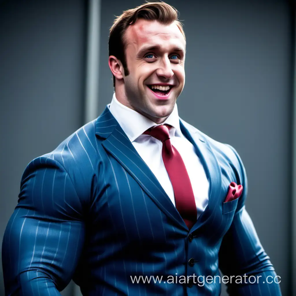 Happy stocky burly beefy buff bodybuilder muscular Neville Longbottom big-pecs in suit and tie