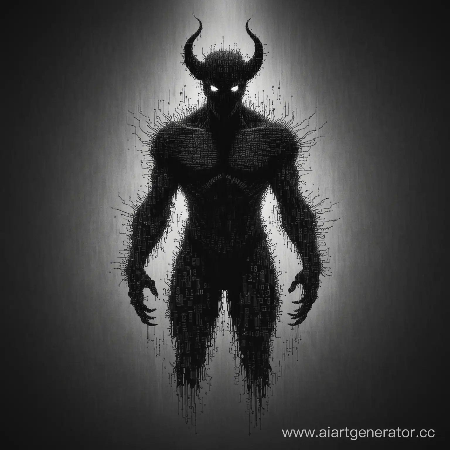 Абстрактное изображение силуэта демона, состоящего из кода или цифр