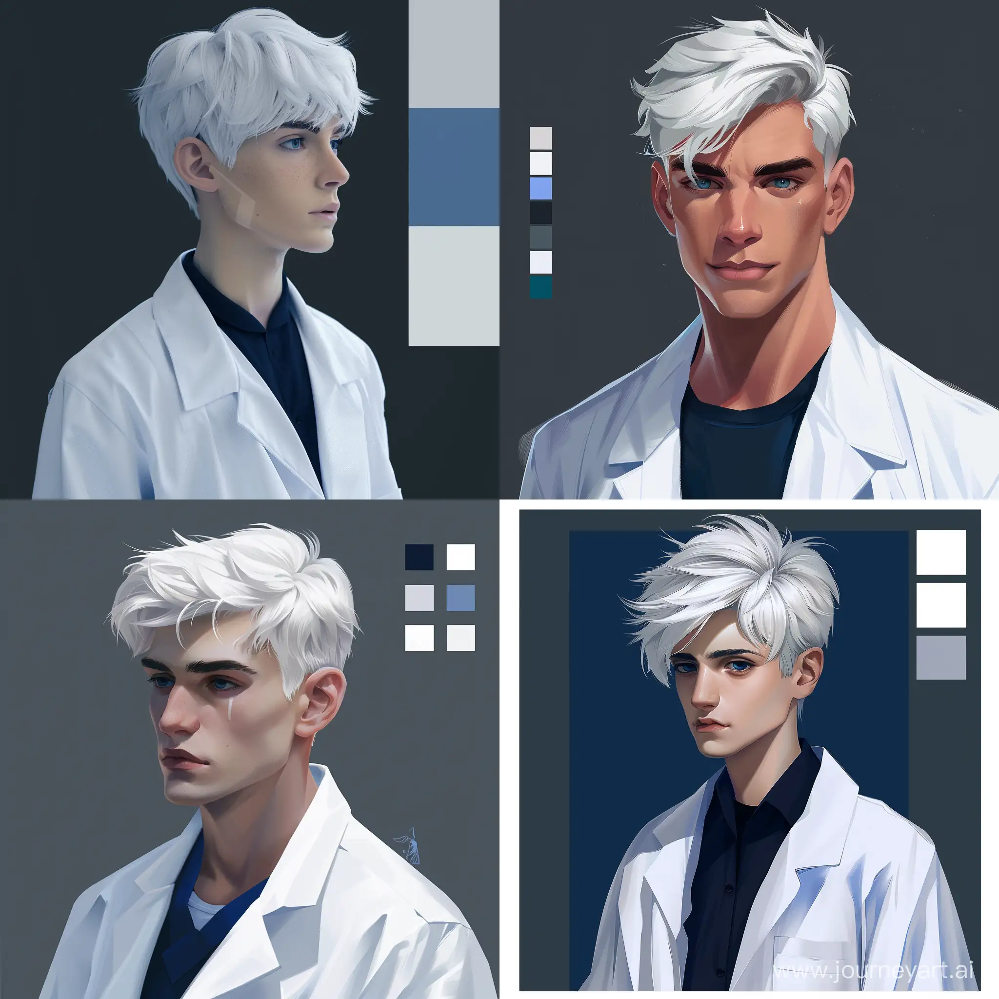 realistic male vtuber. short white hair with a lab coat. Color palette: white, blue and dark grey