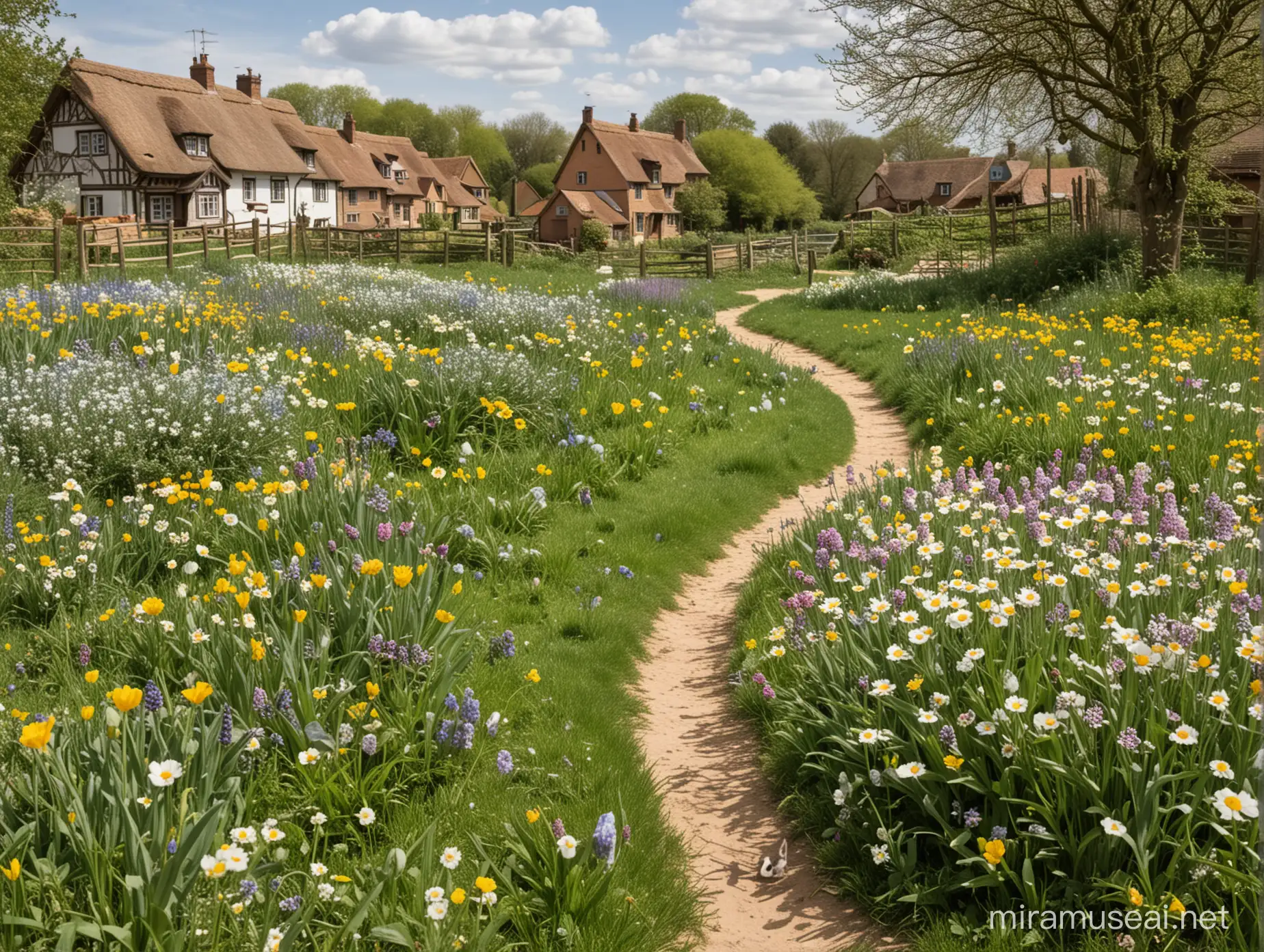 spring flower meadow, a path off to one side, next to a basket of eggs and some rabbits, some houses in the distance