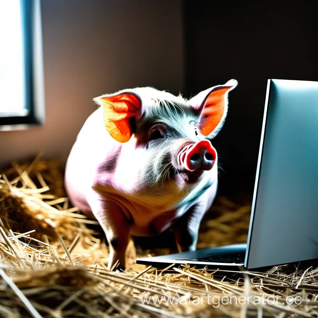 жирная свинья сидит на сене и играет в компьютер