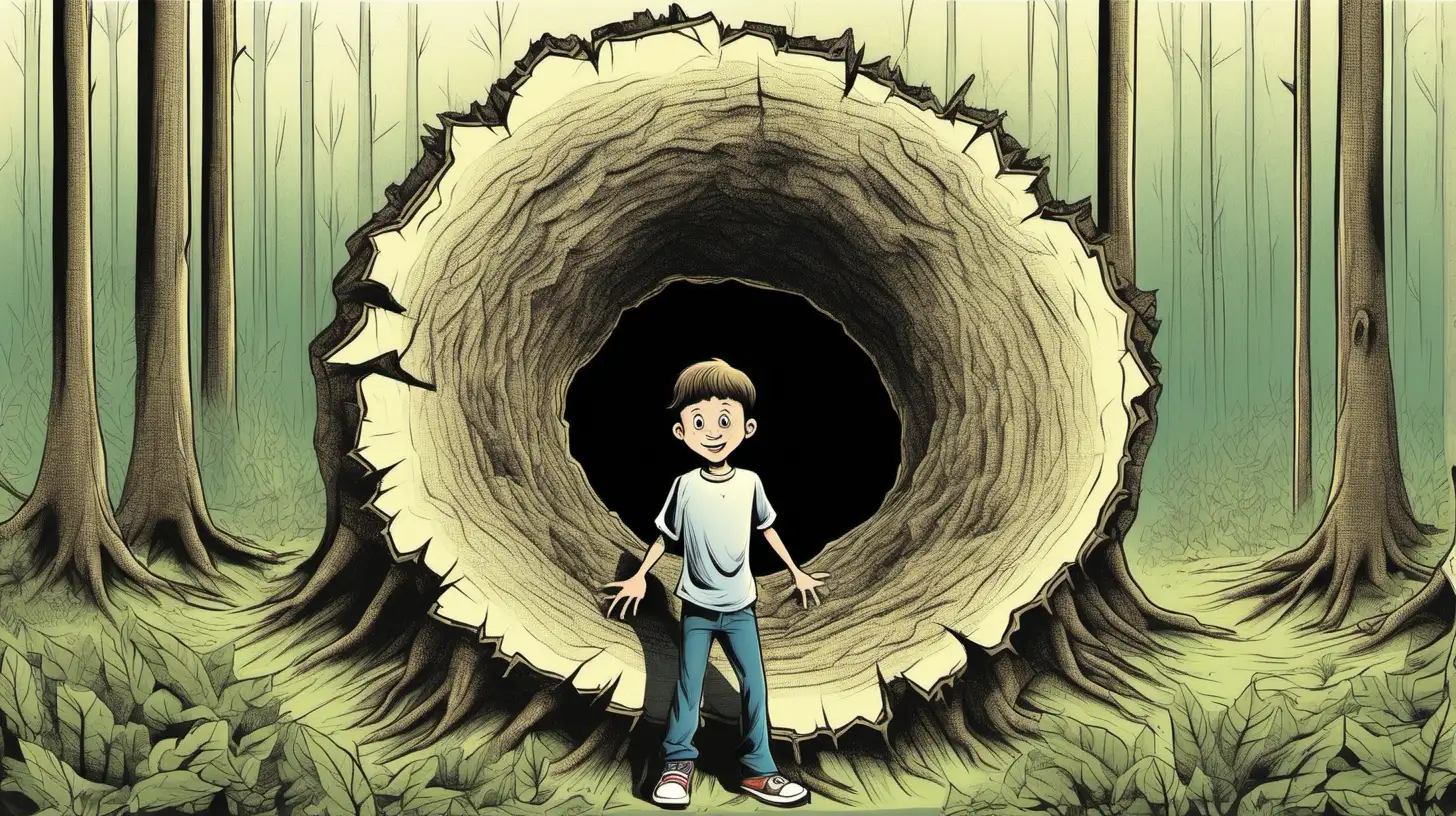 illustrate a ten years old boy  showing a tree with a very large hole in the middle in the forest