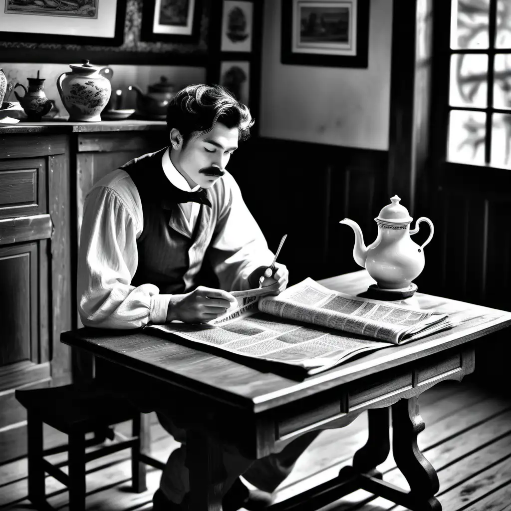 black and white detailed coloring book, In a 19th century teahouse, a young man with a small mustache sits at a wooden table and reads a oldscool 19 century newspaper, a teacup and a porcelain kettle are on the table, evening, candle burning on the table