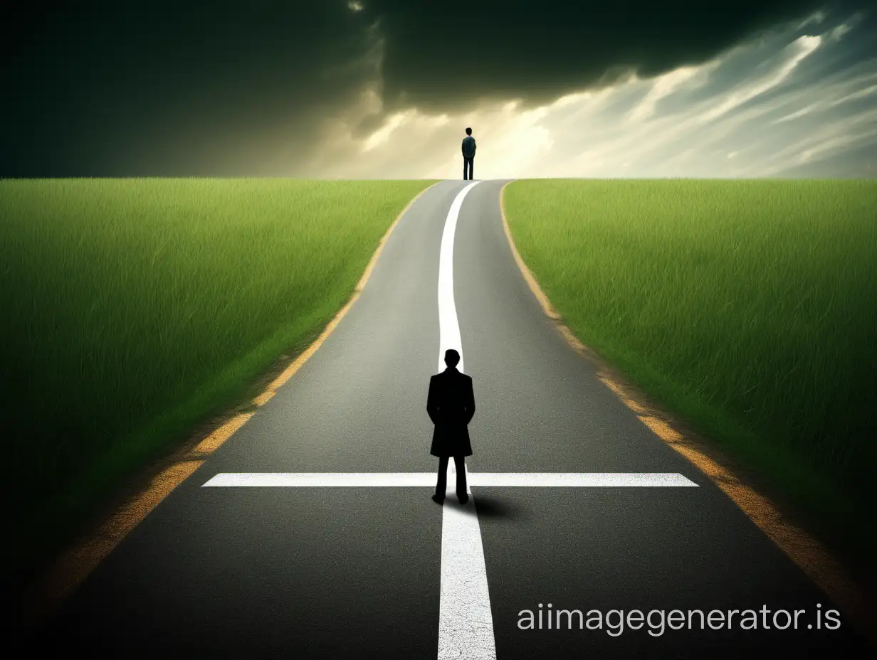 Show a person standing at a crossroads, contemplating their choices in life, with a sense of longing and determination.