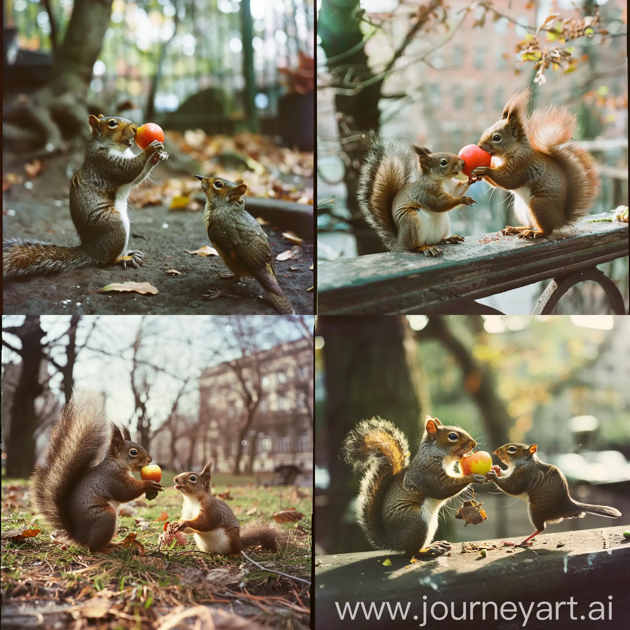 film photography style, a squirrel gives an apple to a bird. cinematic, kodak kodachrome, cinestill 800D