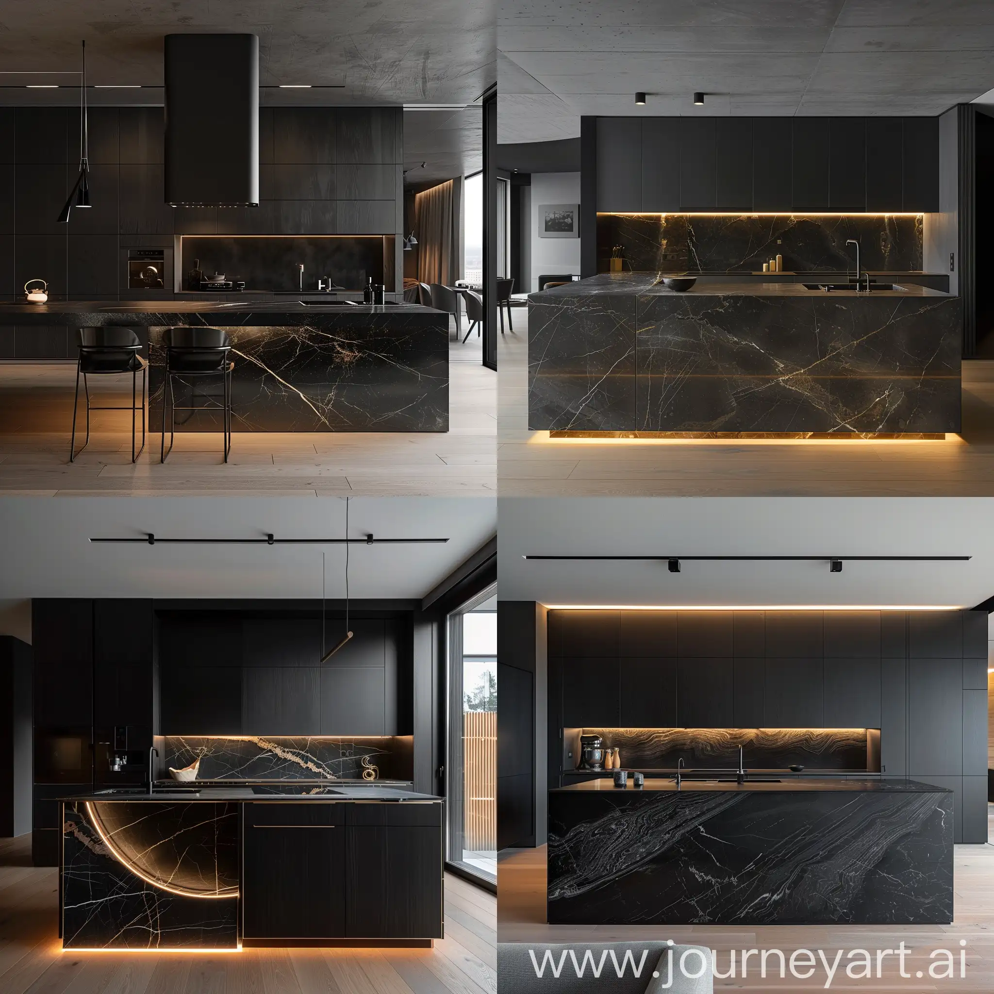 black design loft house interior minimal, kitchen island, black marble (backlight)