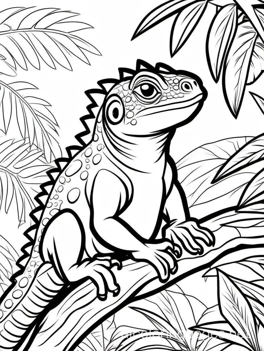 Cute Eguana on a tree, jungle background , Coloring Page, black and white, line art, white background, Simplicity, Ample White Space. The background of the coloring page is plain white to make it easy for young children to color within the lines. The outlines of all the subjects are easy to distinguish, making it simple for kids to color without too much difficulty