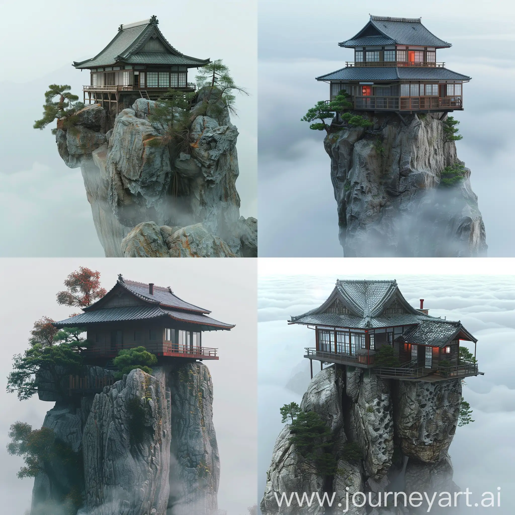 ((((8k)))), (((canon 5d mark 4))), ((photorealistic)), ((highly detailed)), japanese house on the top of rock in the fog:2 , realistic rock:1 / style: cinematic