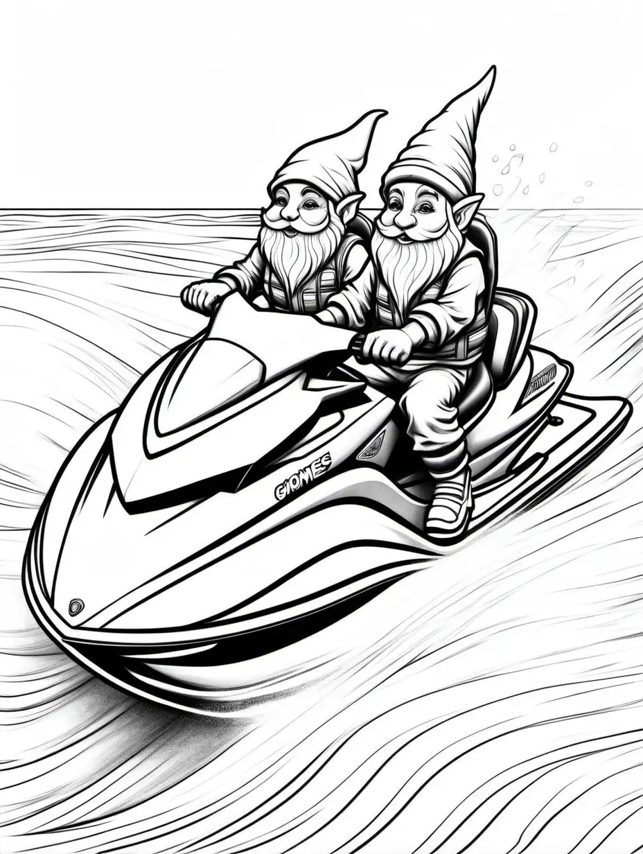 coloring page, gnomes on jet ski, thick lines, low detail, no shading,