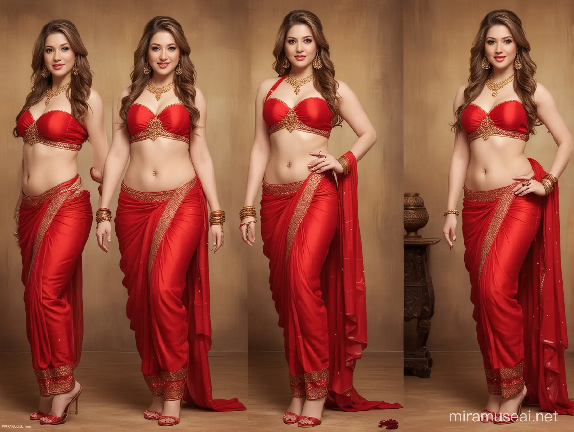 generate an illustration art style image of Sunny Lane wearing traditional bandeau red lingerie, red saree and red Indian Sheer dhoti, with appropriate accessories such as bangles, armlets and a bindi, while maintaining her recognizable features and elegance.. full body image.
