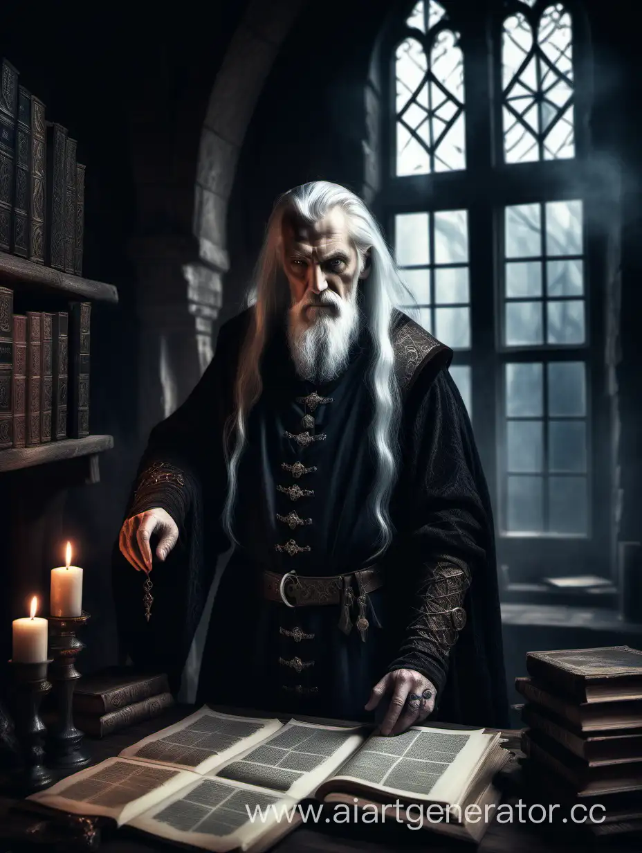 old lord with white hairs standind near the window in medir=eval room wputting a scrolls in his hand table with boors dark fantasy arcane style