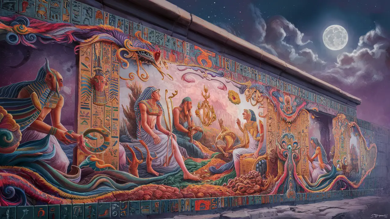 Psychedelic Ancient Egyptian Wall Art Vibrant Hieroglyphic Scene