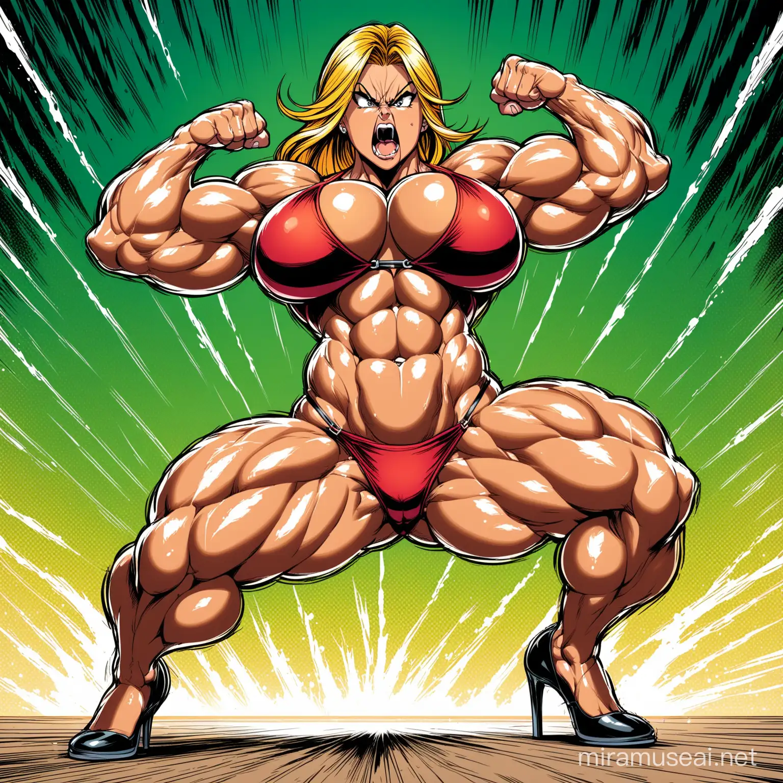 Comic Style Angry Female Bodybuilder on Stage in VeinPopping Bikini