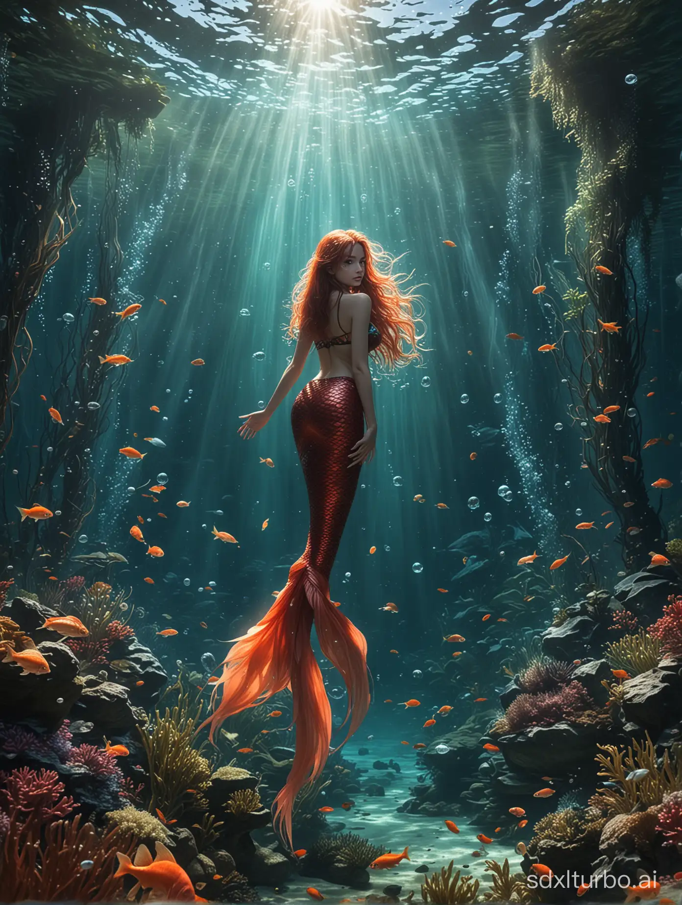Prompt: 1girl,solo,mermaid,(((full body))),long hair,dynamic angle,make up,underwater,beautiful detailed water,coral,dynamic angle,floating,floating hair,fishes,underwater forest,drenched,seaweed,fish,Tyndall effect,from below,a very long fish tail,Looking down at the audience, The mermaid,a girl,It has a beautiful posture,surrounded by sardine,beautiful water plants in the foreground,sparkling corals in the distance,beautiful bubbles,full body photos,ultra wide-angle lens,depth of field,Beautiful composition,unified 8k wallpaper,super details,aesthetics,masterpiece,best quality,photos,masterpiece,authenticity,very detailed: complex details:1.3,Real scene,real light and shadow,real photos:1.32,8k,masterpiece,photos,mermaid,watercolor senery,red koi tail,big tail,