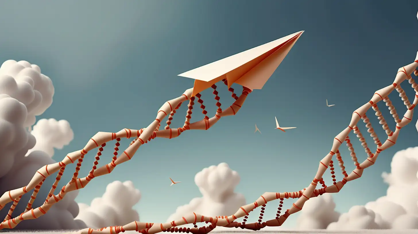 one paper plane soaring rapidly upwards made up of human three dimensional human dna strands
