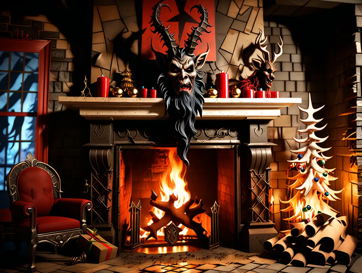 Krampus wendigo wearing Rudolph background is inside the fireplace