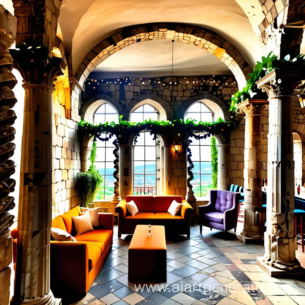 Ancient-Columned-Castle-Tower-Interior-with-Cozy-Lounge-and-Bar