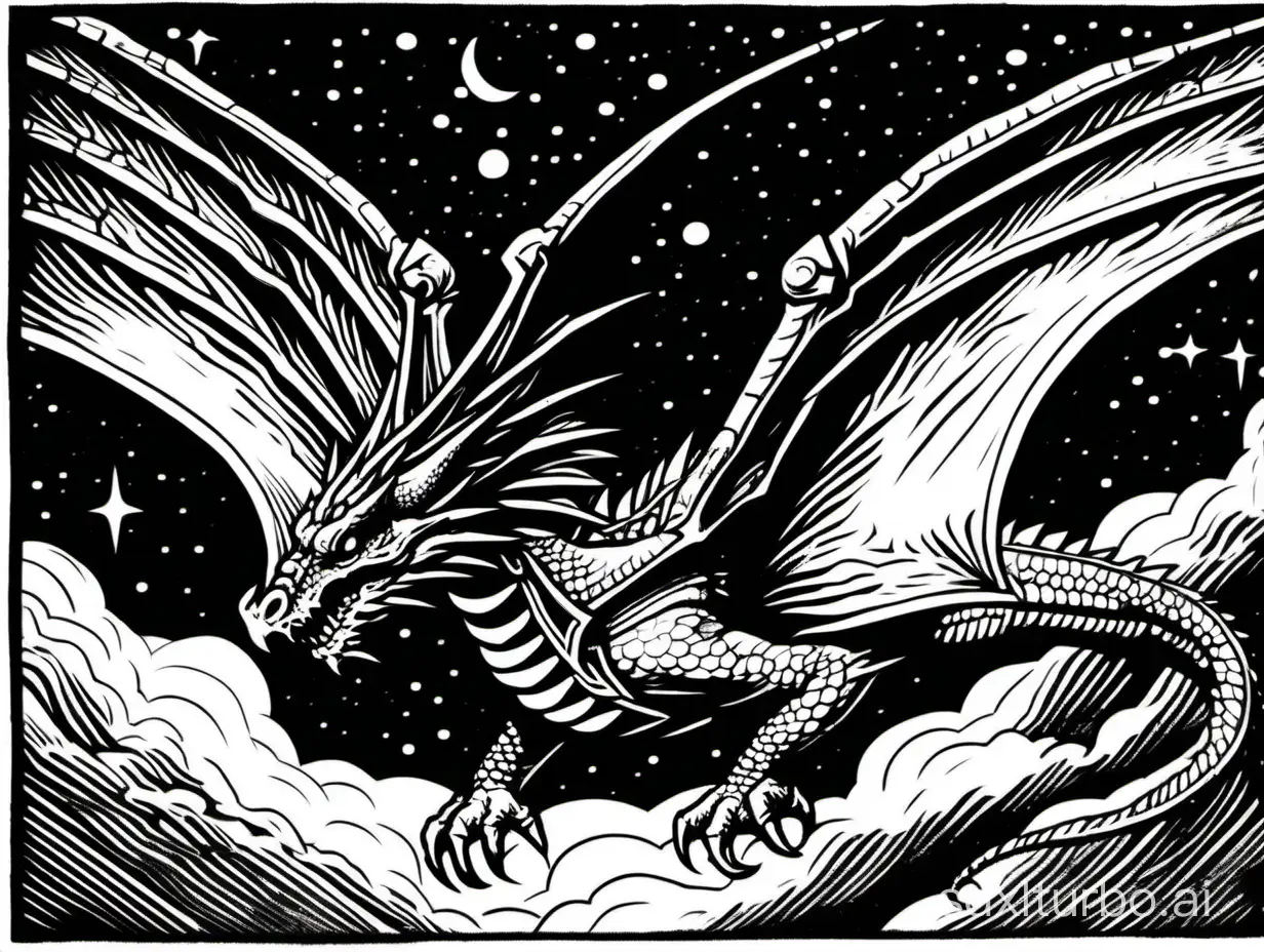 a dragon flying in the night sky, close up, profile, block print, black and white ink, no gradients, 2bit bw, high contrast, heavy lines, thick lines, 3px black border, style of 1983 Dungeons and Dragons, by Bill Willingham,