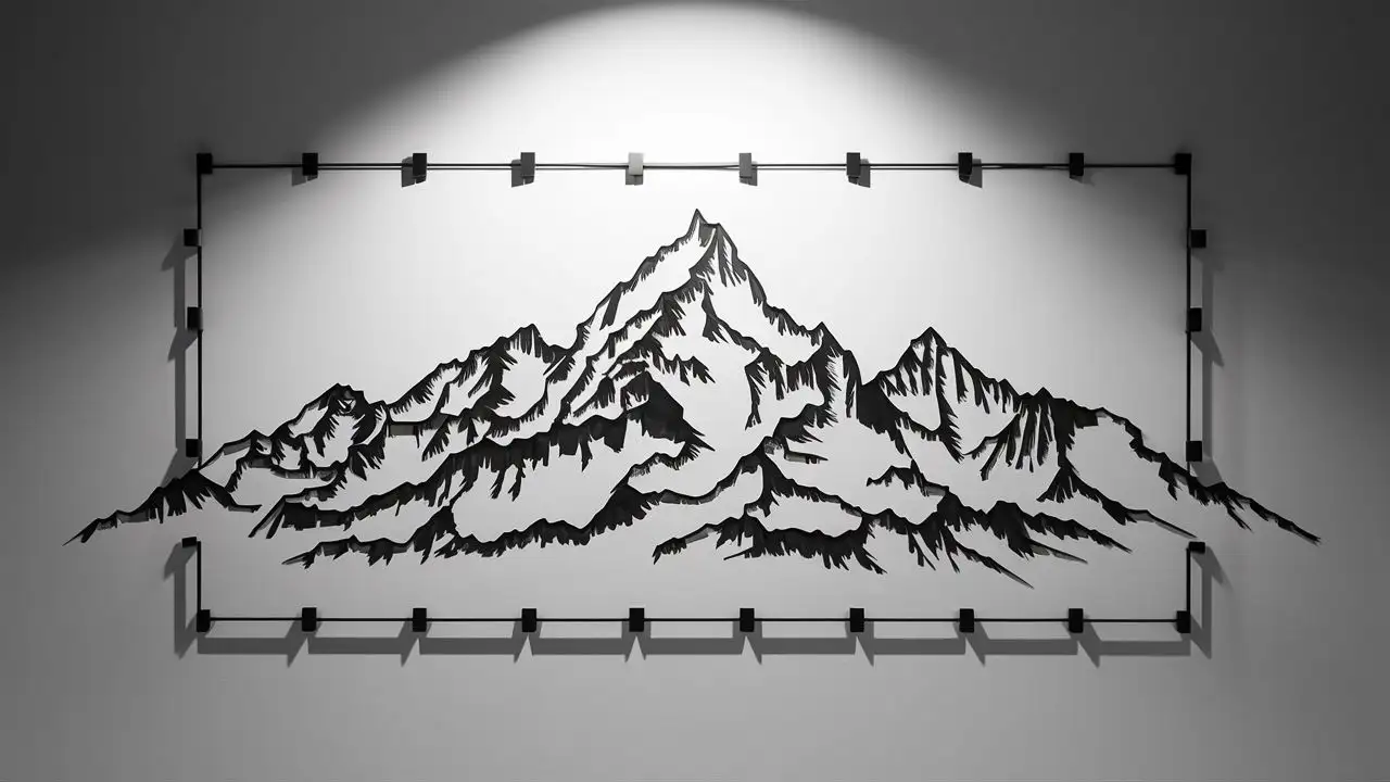 black and white mountain range, wall art, all lines within border, all lines connected, white background, stunning visuals