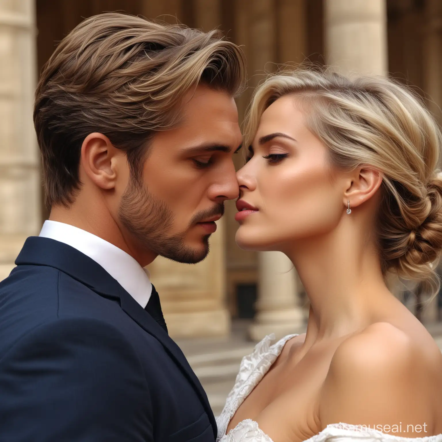 Rugged Blond Gentleman and Model Brunette in Palace Embrace