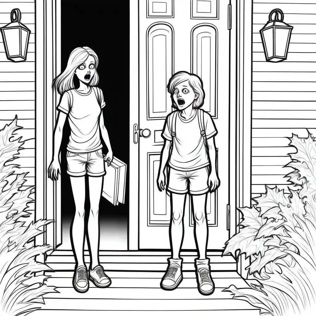 simple black and white coloring book illustration of scary life like older teenager girl andolder teenager boy  by door