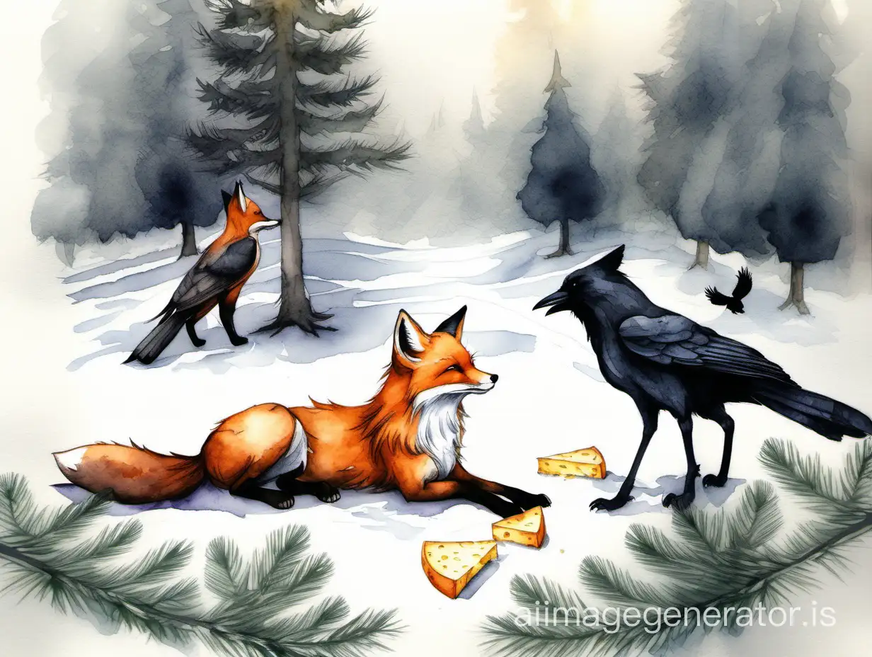 Watercolor sketch. A fox sits on the ground and looks at a gray crow sitting on a branch of a fir tree above the fox. A crow holds a piece of cheese in its beak. An epic cinematic painting, brilliant, stunning, intricate, meticulously detailed, dramatic, atmospheric, maximalist digital matte painting. Aerial watercolor.