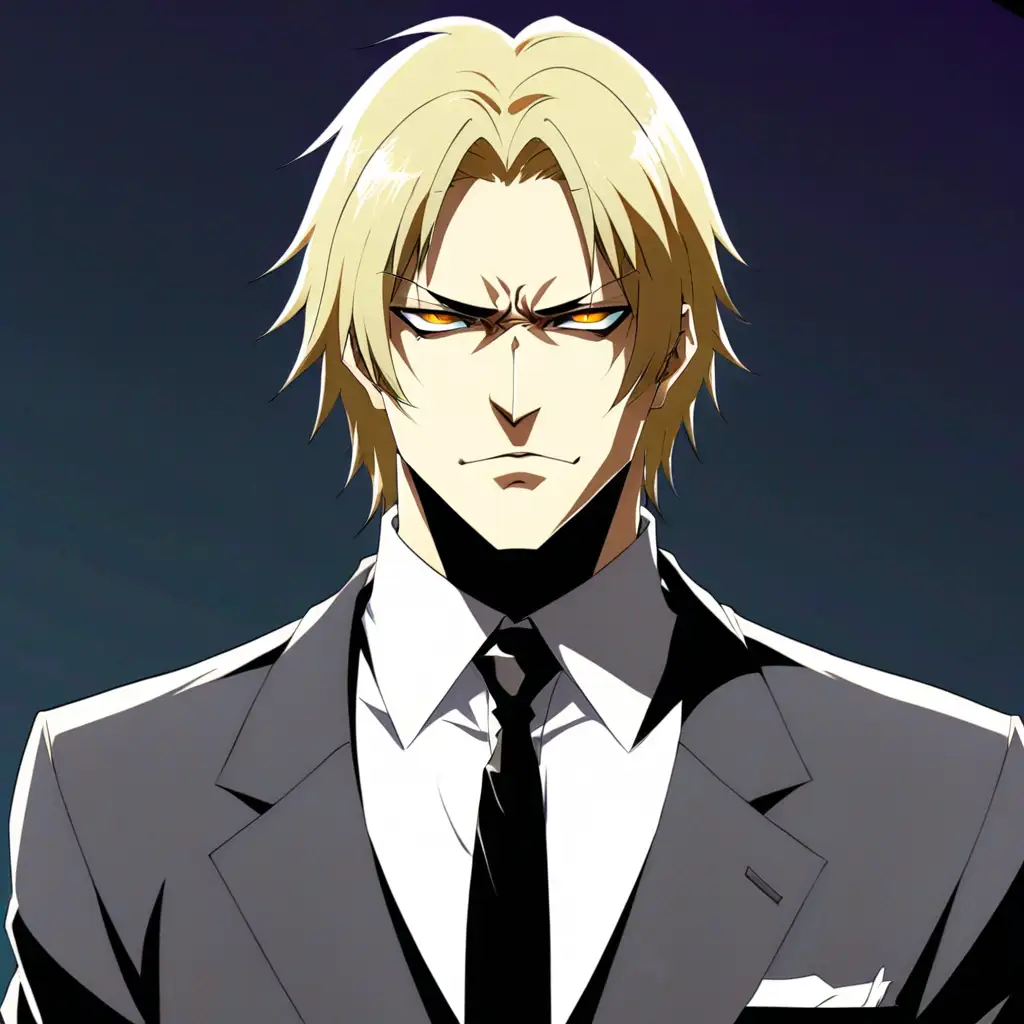 anime guy, kingpin, underworld crime, suit, mid twenties, blonde hair