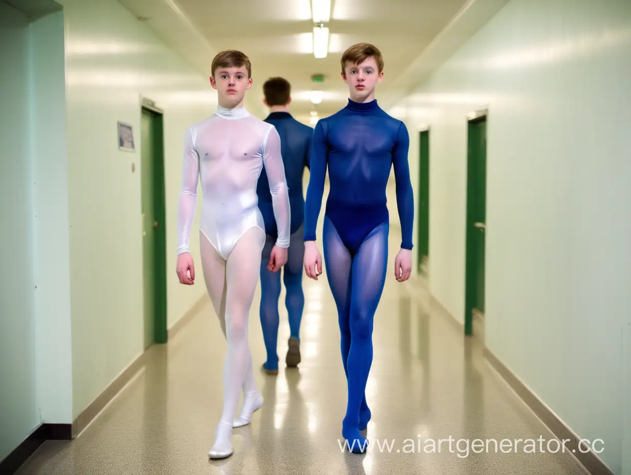 Young-Irish-Men-in-Translucent-White-Leotards-and-Blue-Tights-Walking-in-a-Corridor