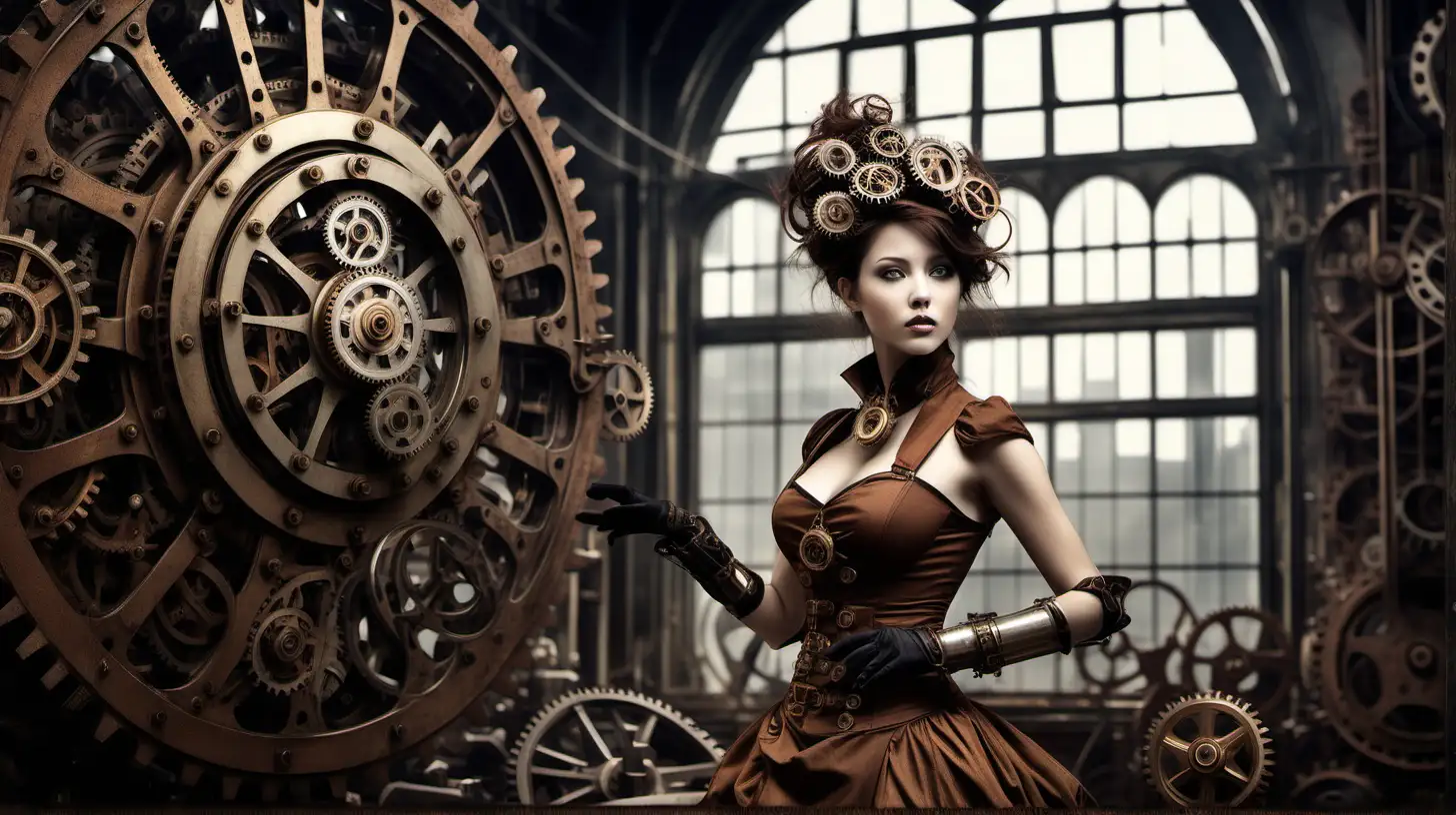 Capture the essence of steampunk marvel within the confines of a weathered, timeworn house. Envision a massive wall dominated by intricate mechanical cogs and pipes, arranged in a mesmerizing symphony of industrial artistry. The aged and rusted metal components tell stories of a bygone era. In the midst of this mechanical spectacle, picture a woman, clad in a blend of Victorian and adventurous attire, gazing up in awe and curiosity. Her expression is a mix of fascination and contemplation, as if she's unraveling the mysteries embedded in the gears of time. The ambient light, filtered through dusty windows, casts a warm glow on the scene, highlighting both the architectural decay and the resilient beauty of the steampunk masterpiece. This juxtaposition of history, machinery, and human curiosity forms the heart of the composition, inviting the viewer to explore the intersection of the past and the fantastical world of innovation