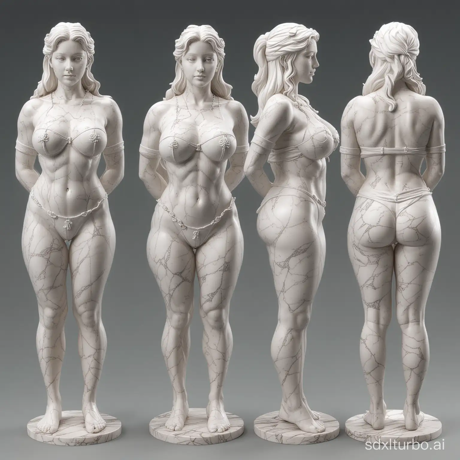 Generate three views, one is the front view, two is the left view, and three is the rear view. The 3D white marble model sculpture depicts a huge breast girl, Sailor suit